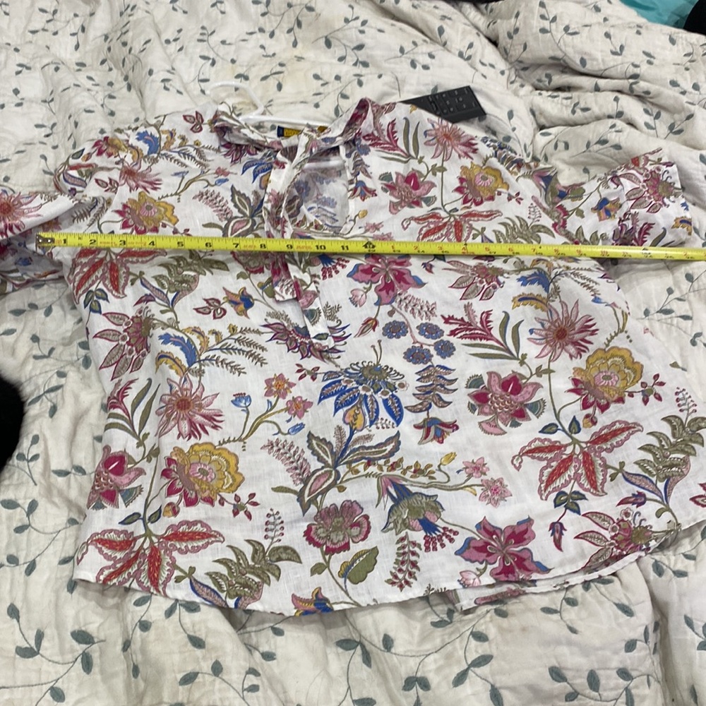 Polo Ralph Lauren Tie Neck Floral Print Linen Blouse, White/Multicolor NWOT - Picture 8 of 9